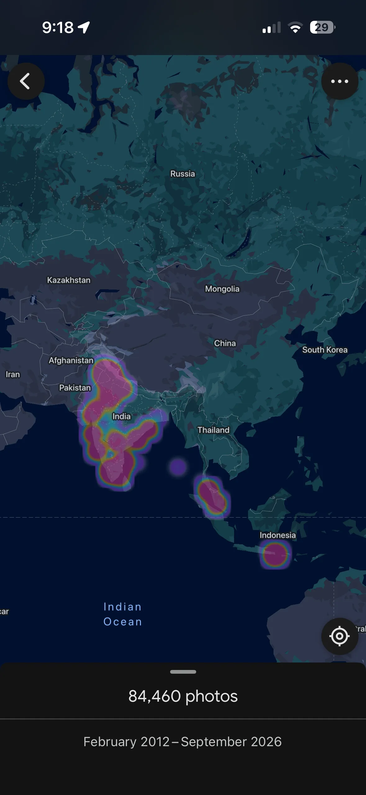 Zoomed-out Google Photos travel map showing a dense travel footprint across India and Southeast Asia
